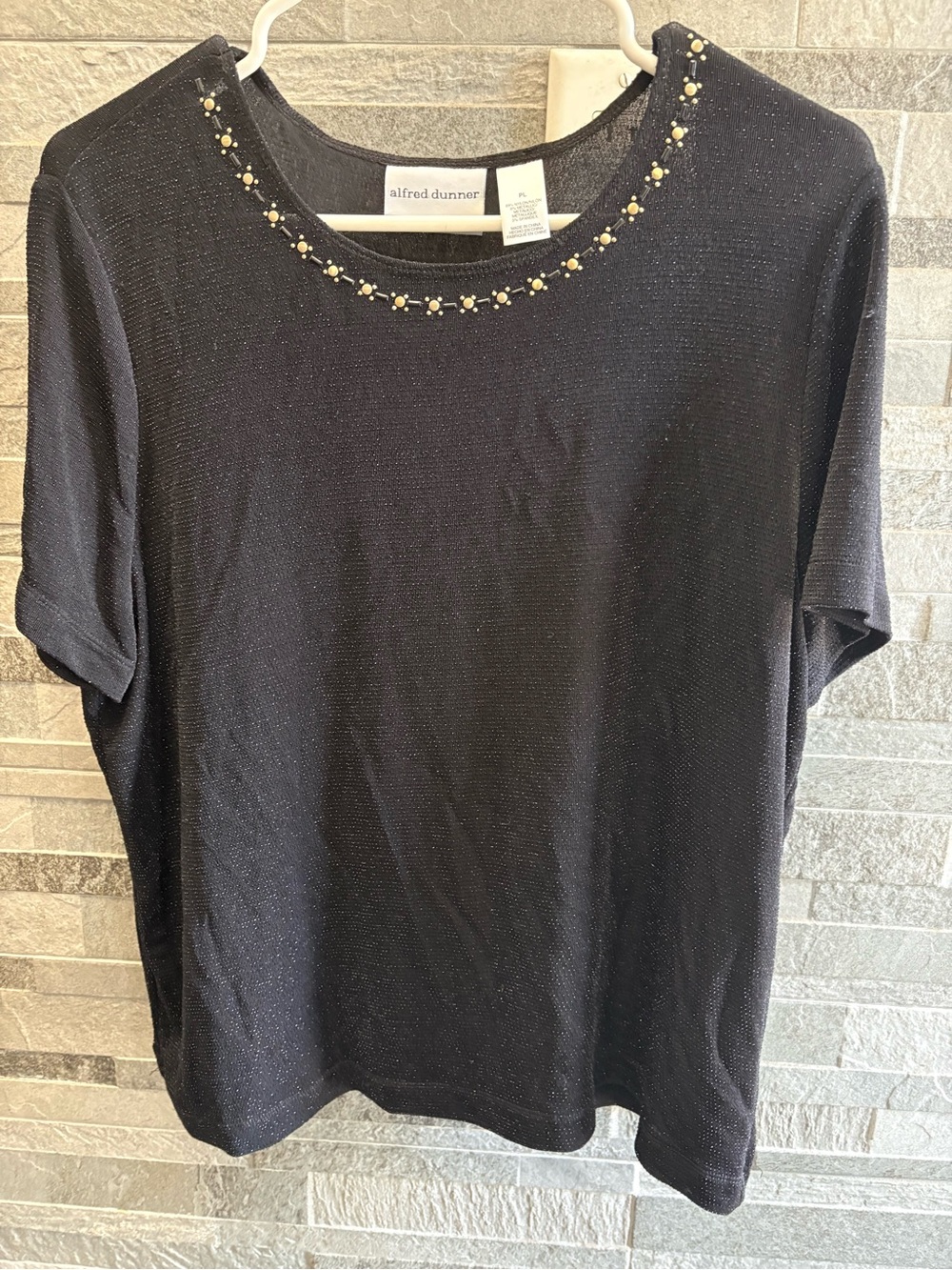 Alfred Dunner Black Short Sleeve Top with Beaded Neckline